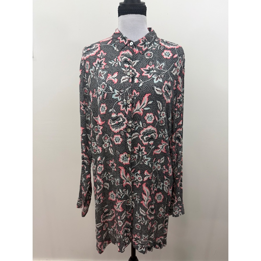 J. Jill Womens Large Floral Rayon Button Down Tunic Shirt Grey Pink WTP193131